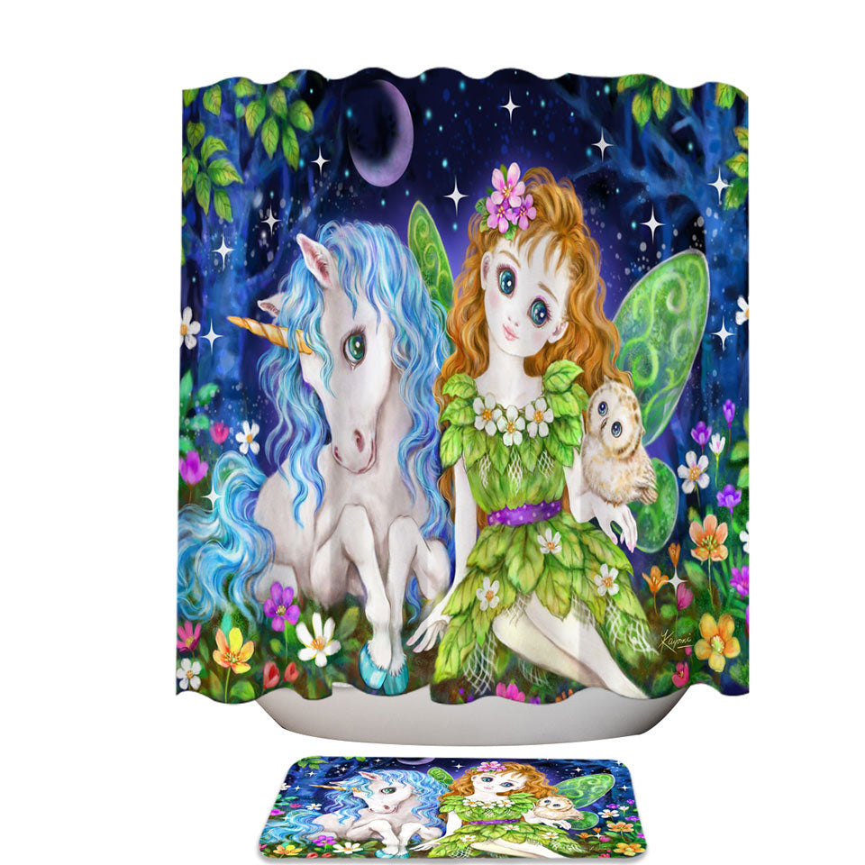 Fabric Shower Curtains for Children Art Design Leaf Fairy and Unicorn