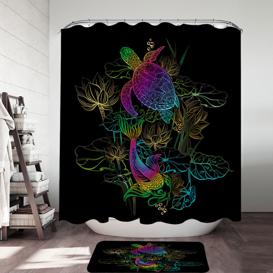 Fabric Shower Curtains with Colorful Oriental Turtle and Koi Fish