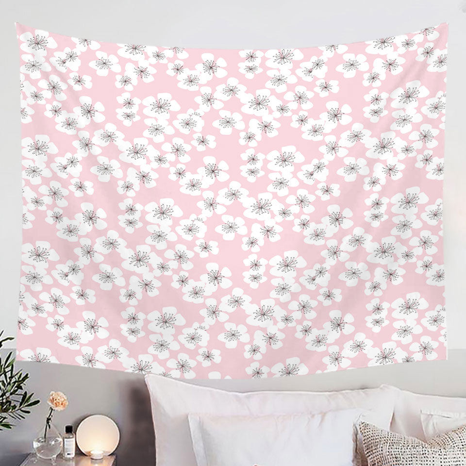 Fabric Tapestries with White Floral Drawings over Pink
