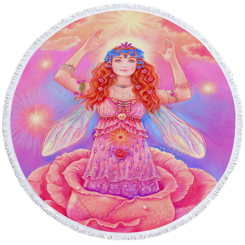 Fairy Tales Round Beach Towel Art Rose Angel Flower Spirit