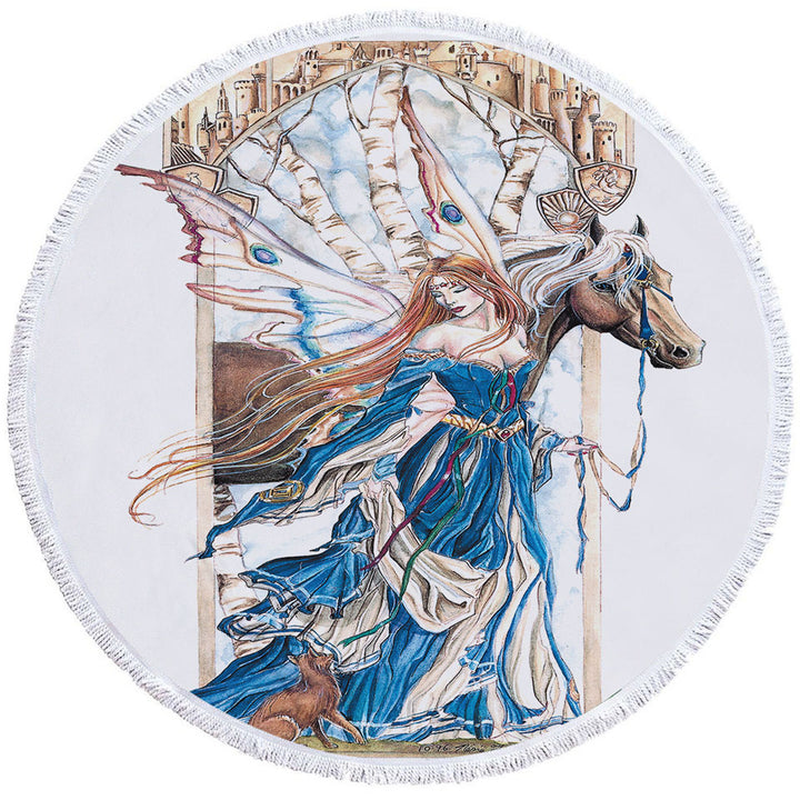 Fairytale Beach Towels Art Drawing Serenity Fairy and Horse