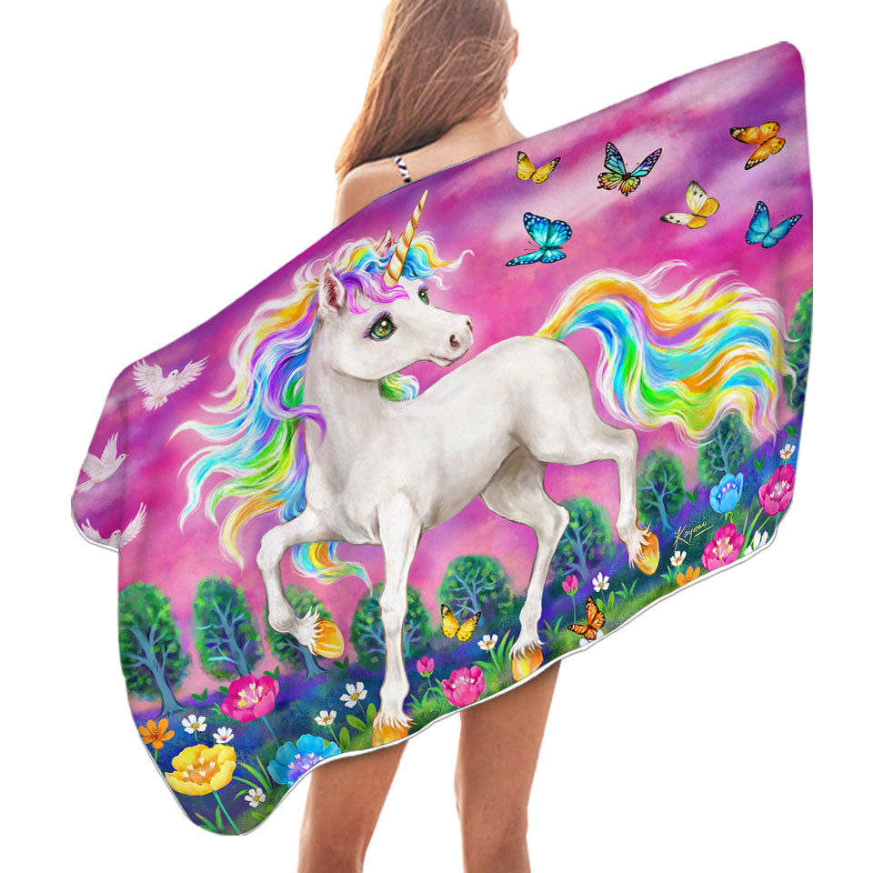 Fairytale Magical Unicorn and Butterflies Beach Towels