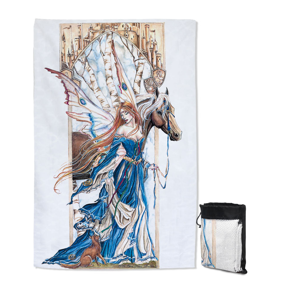 Fairytale Quick Dry Beach Towel Art Drawing Serenity Fairy and Horse