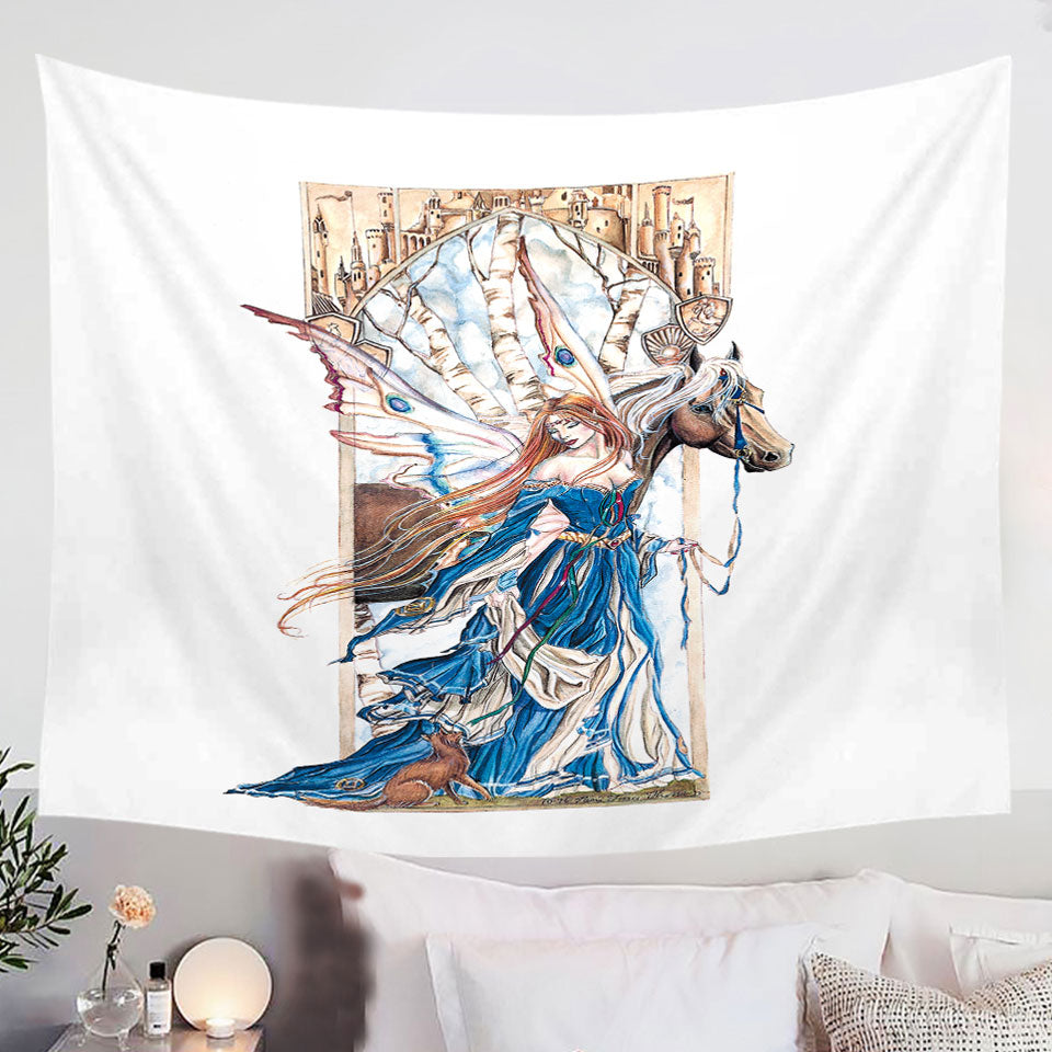 Fairytale-Tapestry-Wall-Decor-Art-Drawing-Serenity-Fairy-and-Horse