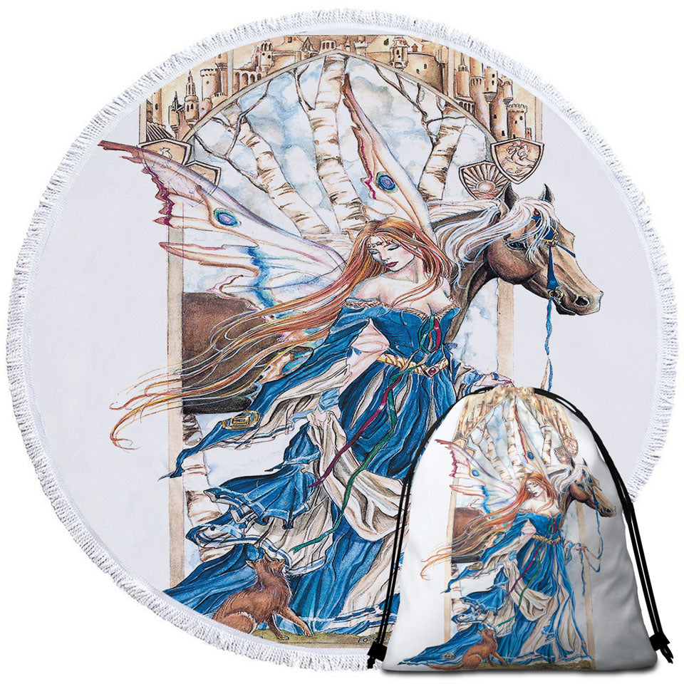 Fairytale Travel Beach Towel Art Drawing Serenity Fairy and Horse
