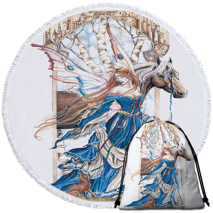 Fairytale Travel Beach Towel Art Drawing Serenity Fairy and Horse