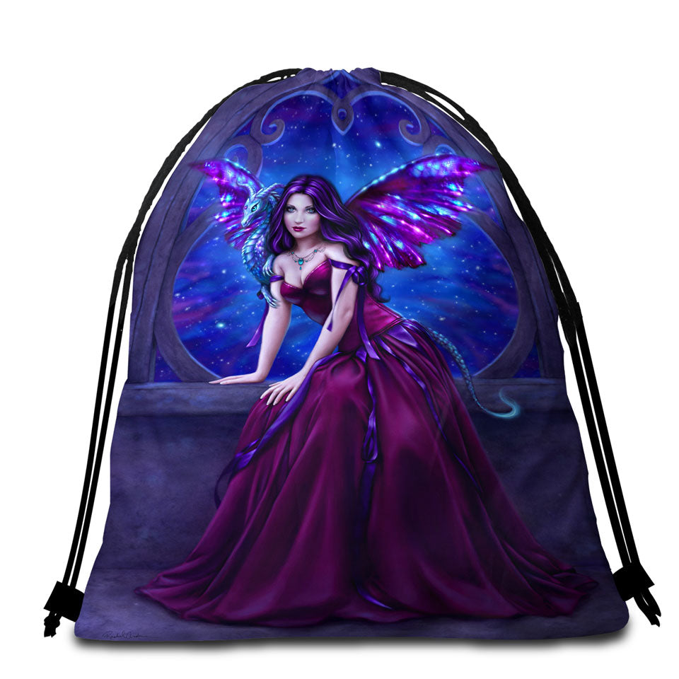 Fantasy Space Beach Towel Bag Red Dragon Art Watcher at the Divine