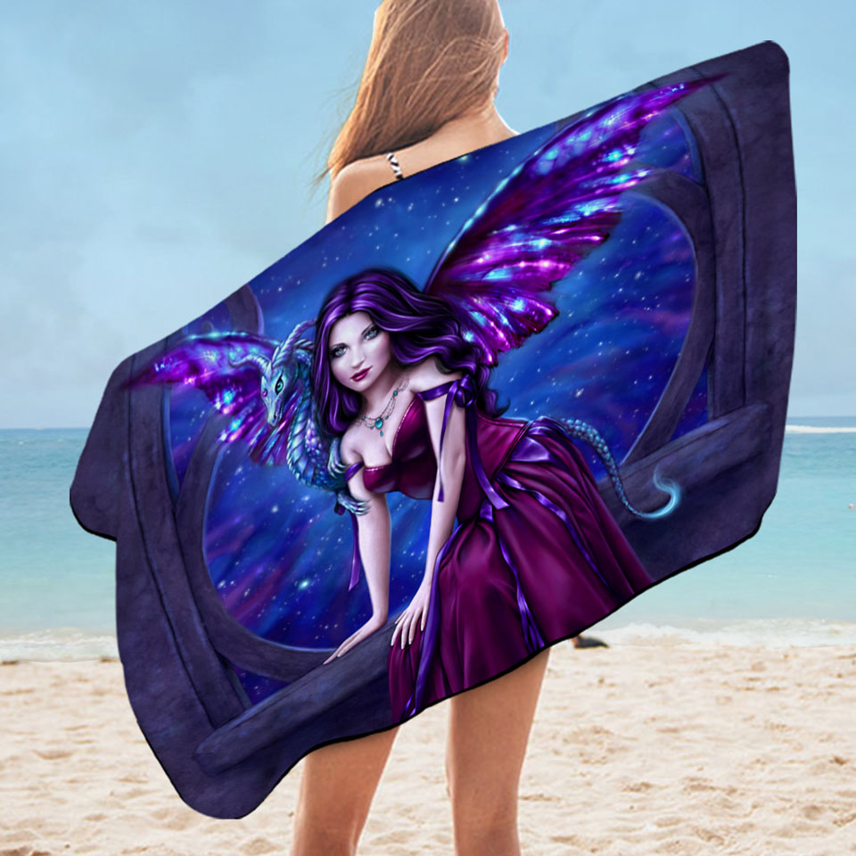 Fantasy Art Andromeda the Purple Dragon Fairy Microfiber Beach Towel