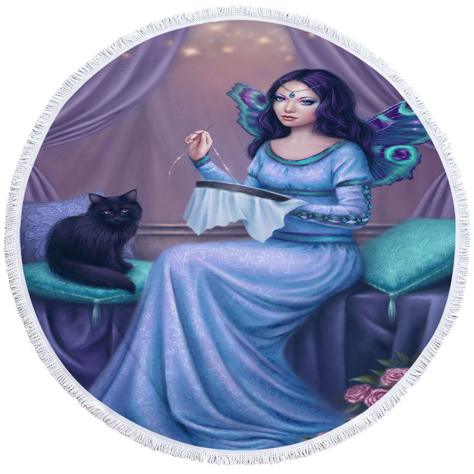 Fantasy Art Ariadne Princess Cat Fairy Round Beach Towel