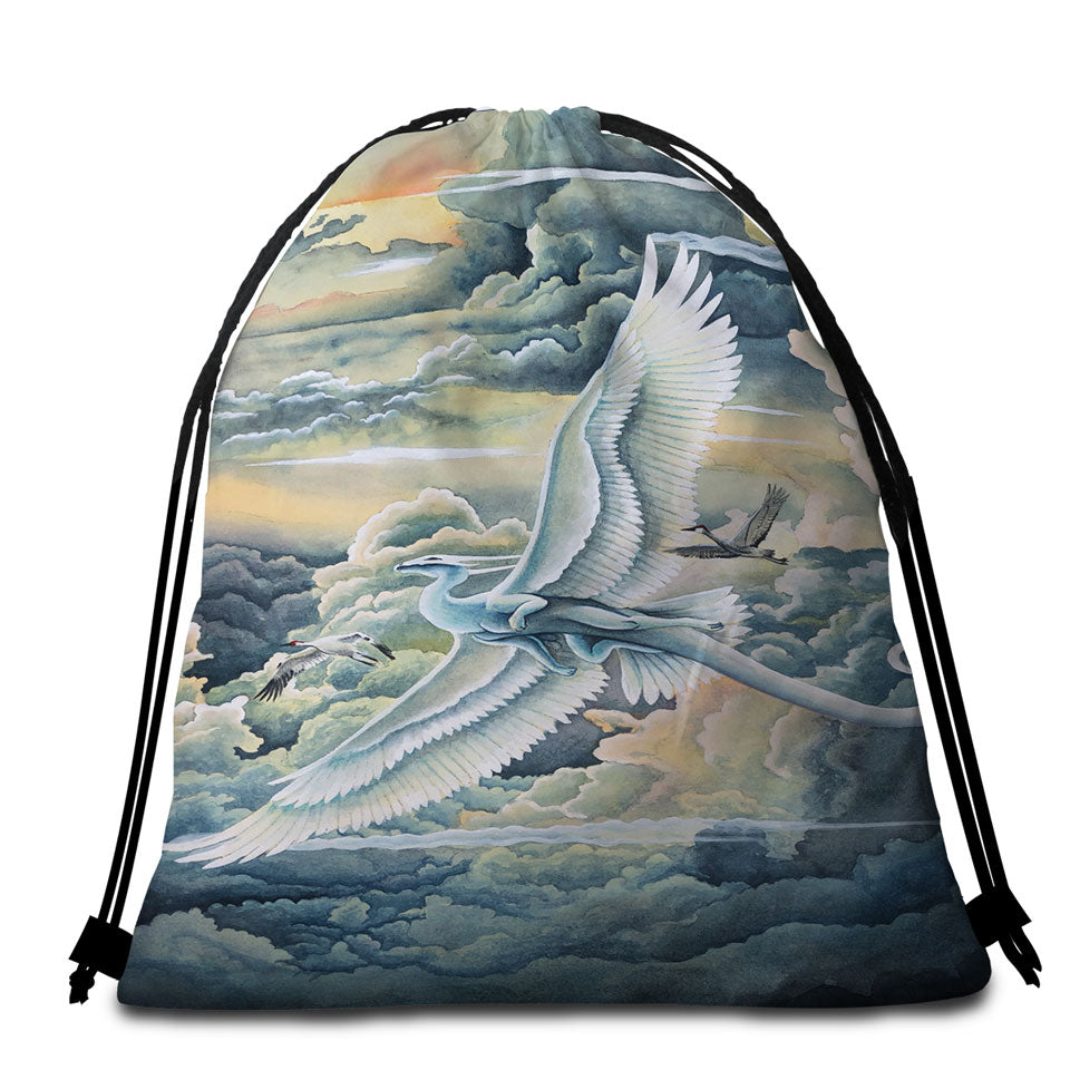 Fantasy Art Beach Towels On Sale Soaring Wonders Storks and Dragon
