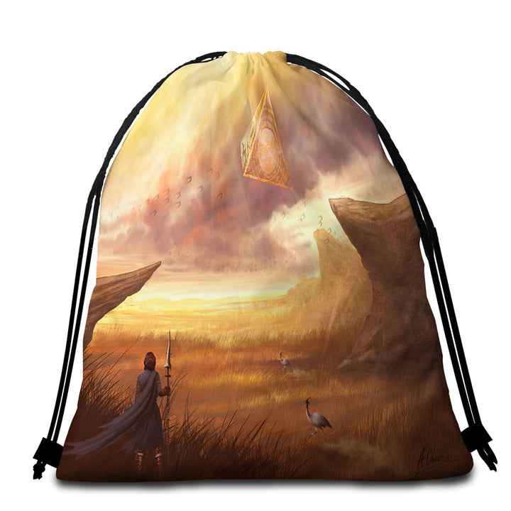 Fantasy Art Beach Towels and Bags Set Hovering Pyramid above Warrior