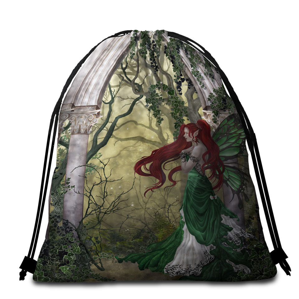 Fantasy Art Beautiful Beach Bags for Towels with Redhead Green Fairy