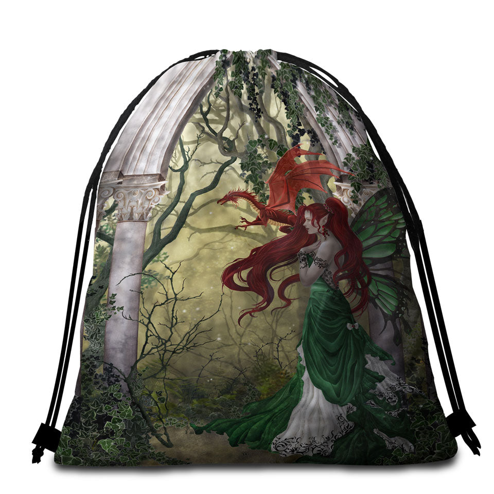Fantasy Art Beautiful Beach Towel Pack with Redhead Green Fairy and Her Dragon