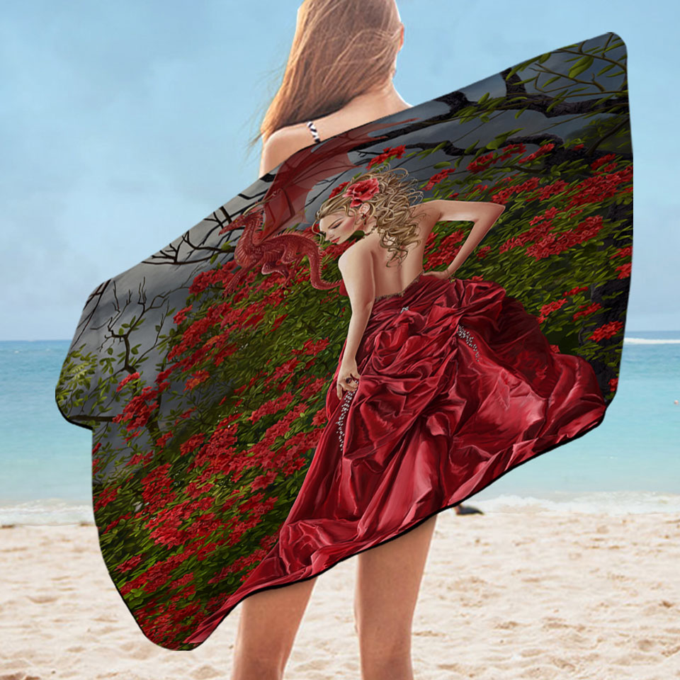 Fantasy Art Beautiful Beach Towels Red Dressed Woman and Dragon