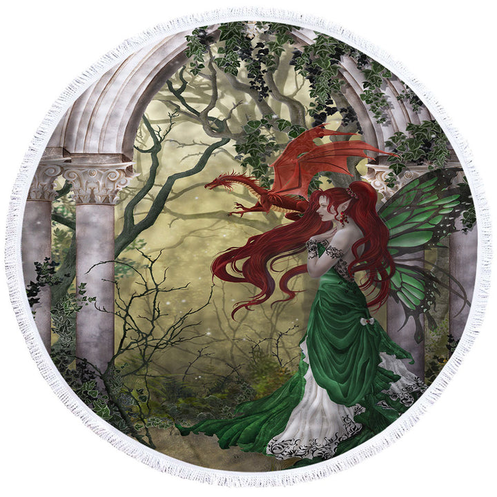 Fantasy Art Beautiful Beach Towels with Redhead Green Fairy and Her Dragon