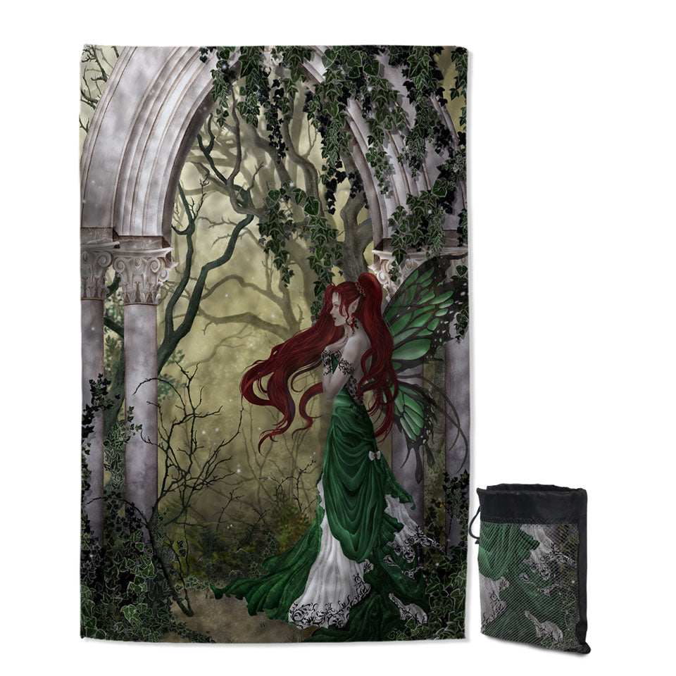 Fantasy Art Beautiful Beach Towels with Redhead Green Fairy