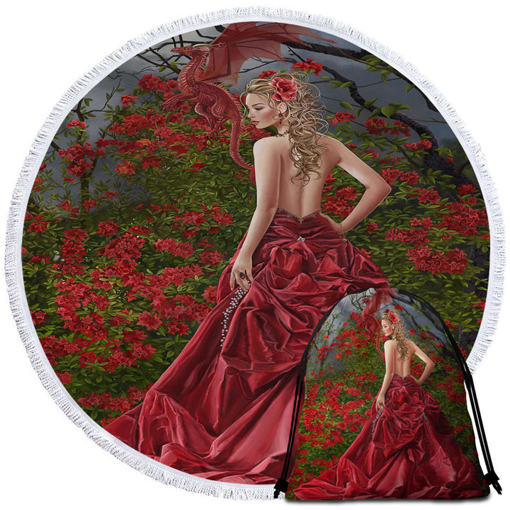 Fantasy Art Beautiful Circle Beach Towel Red Dressed Woman and Dragon