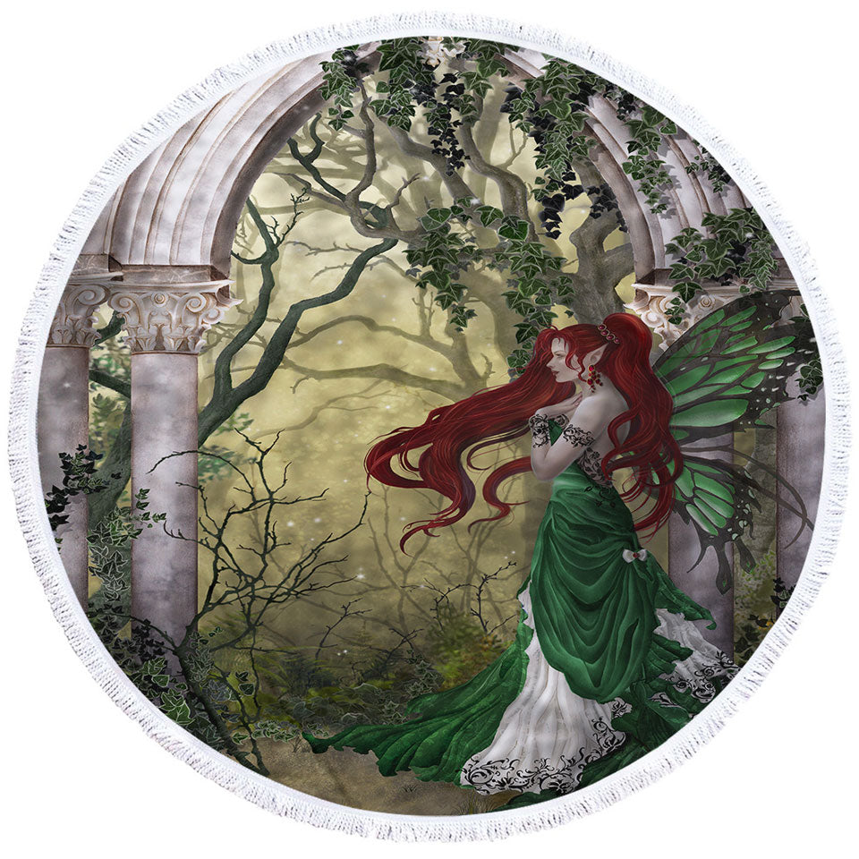Fantasy Art Beautiful Circle Beach Towel Redhead Green Fairy