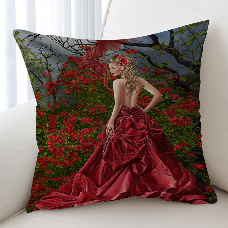 Fantasy Art Beautiful Cushions Red Dressed Woman and Dragon