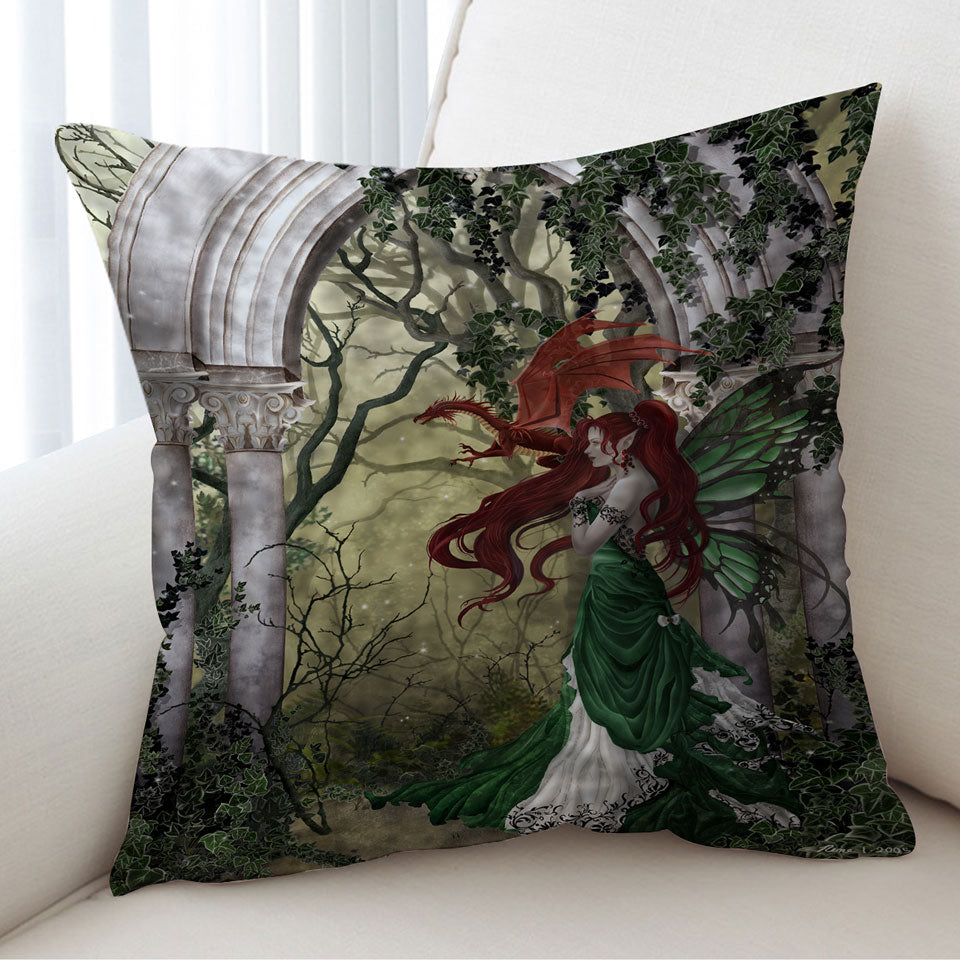 Fantasy Art Beautiful Cushions with Redhead Green Fairy and Her Dragon