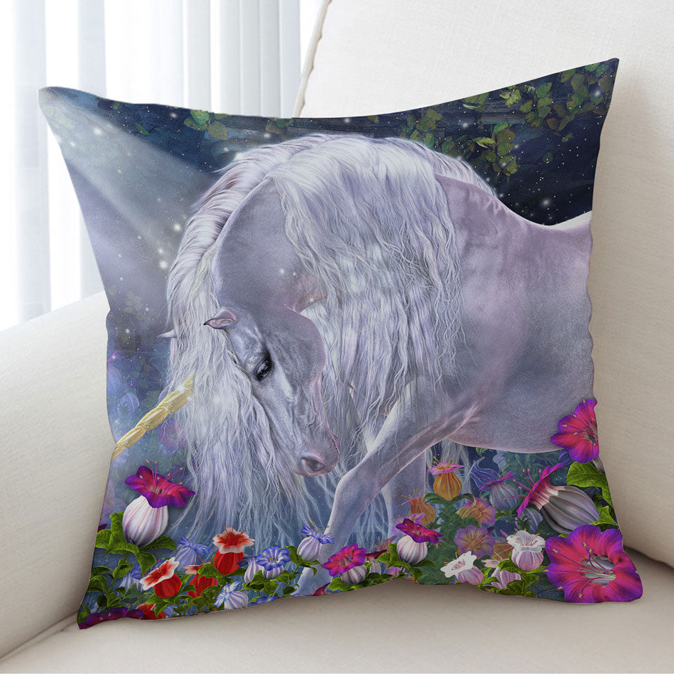 Fantasy Art Beautiful Flowers and Pure White Unicorn Cushions