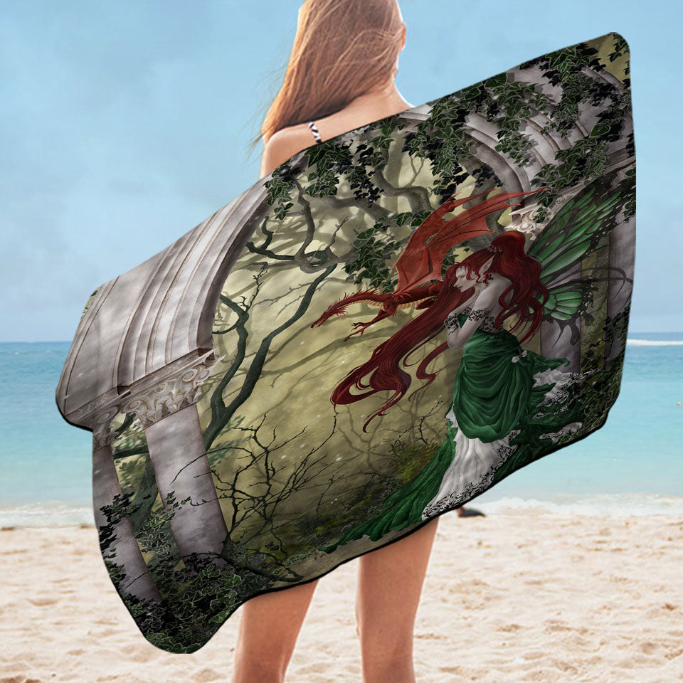 Fantasy Art Beautiful Microfibre Beach Towels with Redhead Green Fairy and Her Dragon