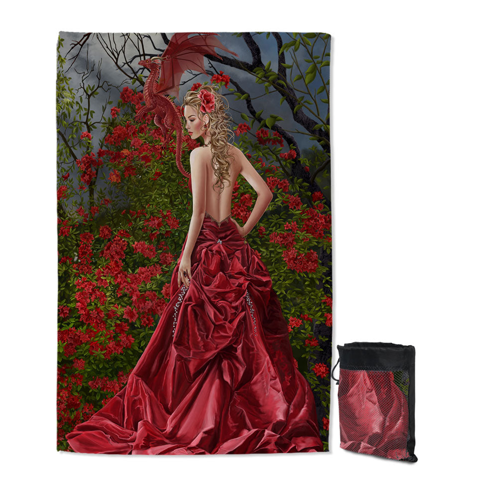 Fantasy Art Beautiful Quick Dry Beach Towel Red Dressed Woman and Dragon