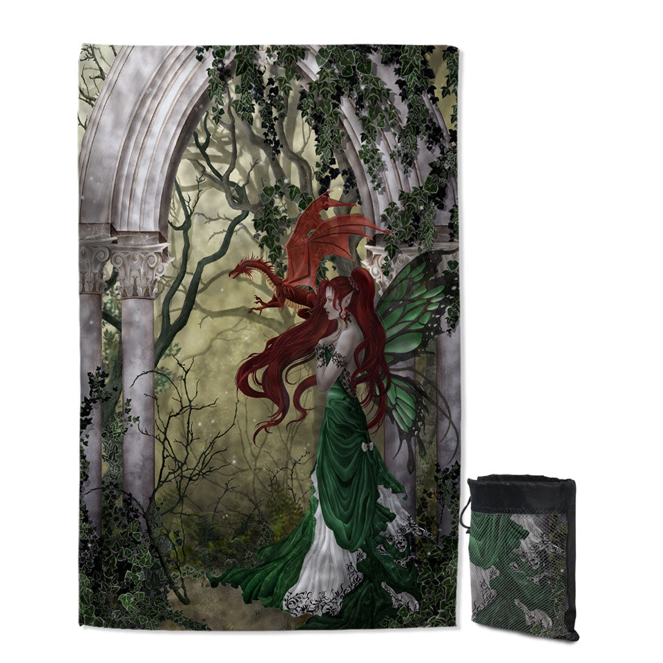 Fantasy Art Beautiful Quick Dry Beach Towel with Redhead Green Fairy and Her Dragon