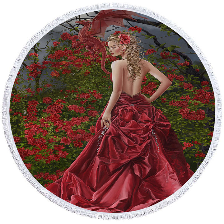 Fantasy Art Beautiful Round Beach Towel Red Dressed Woman and Dragon