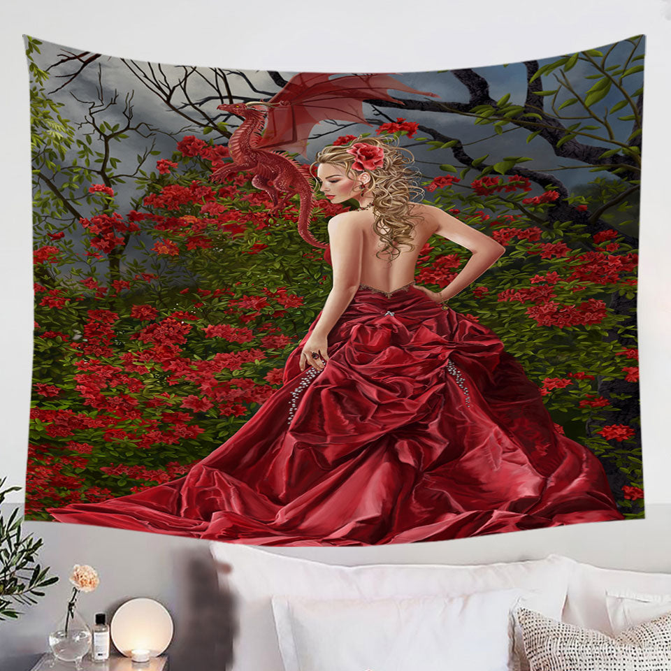Fantasy-Art-Beautiful-Tapestries-Wall-Decor-Red-Dressed-Woman-and-Dragon