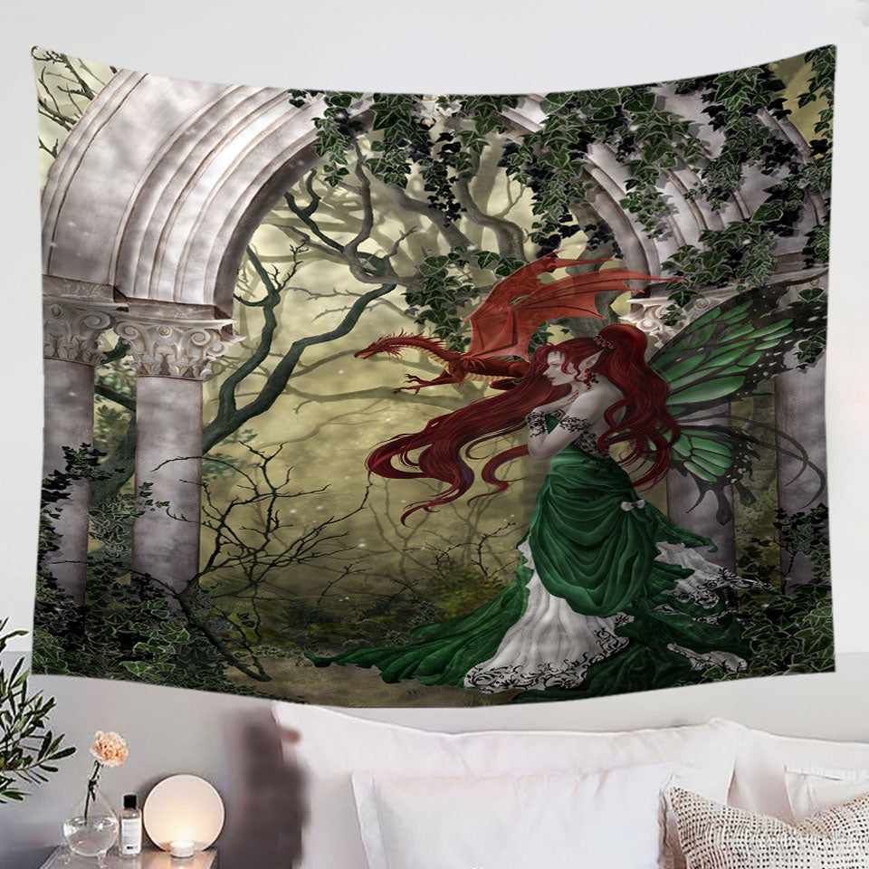 Fantasy-Art-Beautiful-Tapestry-Wall-Decor-with-Redhead-Green-Fairy-and-Her-Dragon