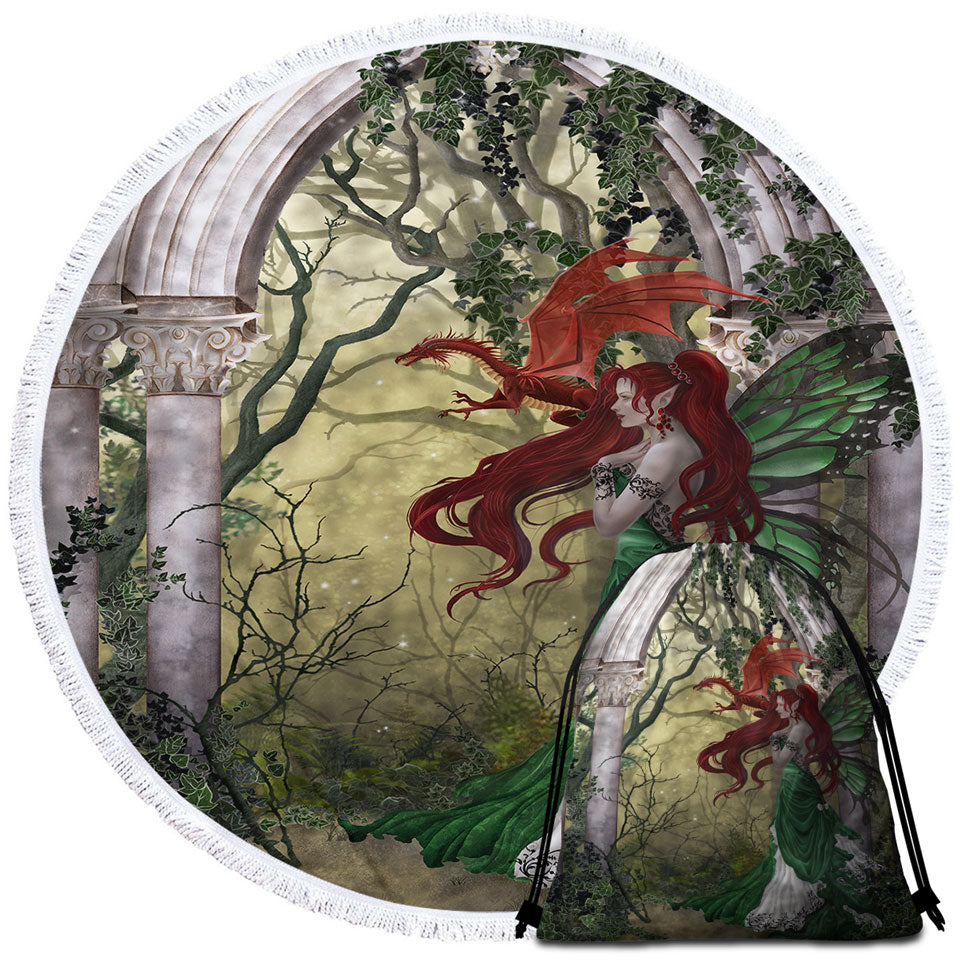 Fantasy Art Beautiful Travel Beach Towel with Redhead Green Fairy and Her Dragon