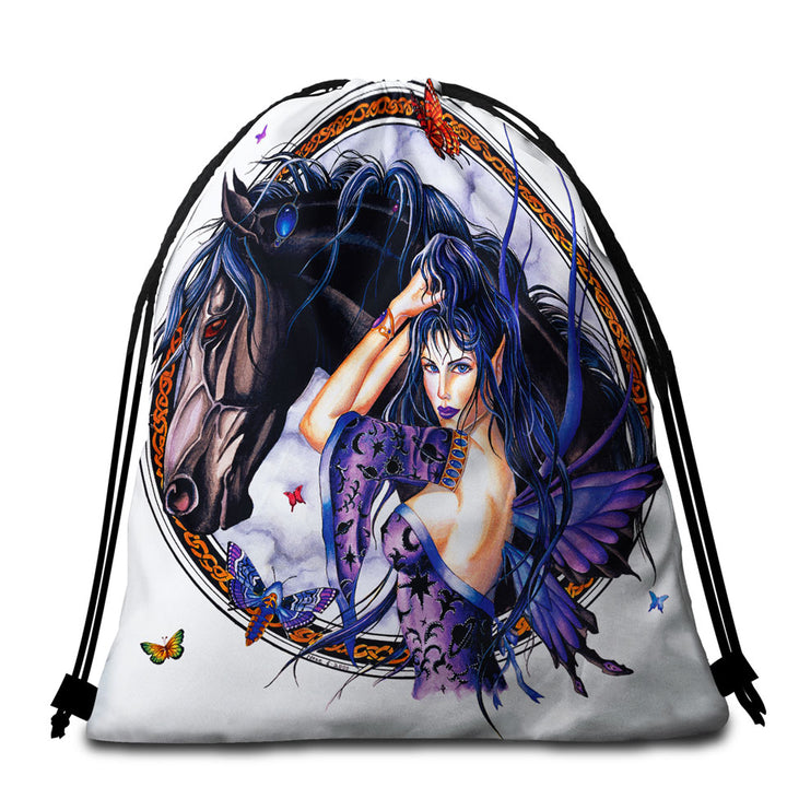 Fantasy Art Black Horse and Purple Fairy Beach Towel Pack