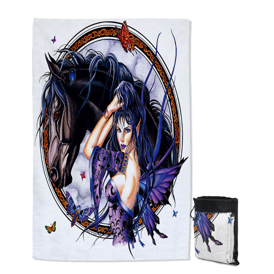 Fantasy Art Black Horse and Purple Fairy Beach Towels