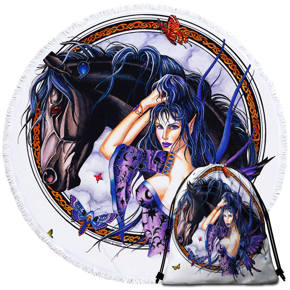 Fantasy Art Black Horse and Purple Fairy Circle Towel