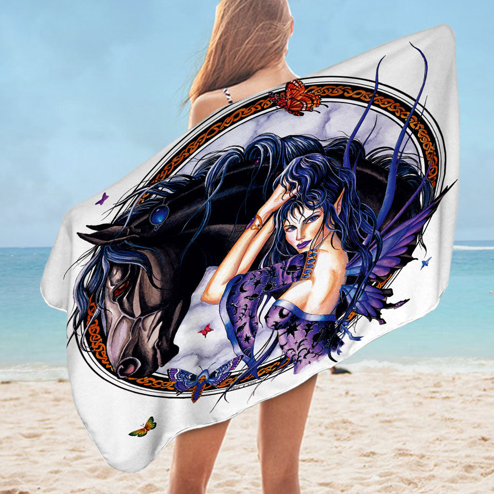 Fantasy Art Black Horse and Purple Fairy Cool Beach Towels