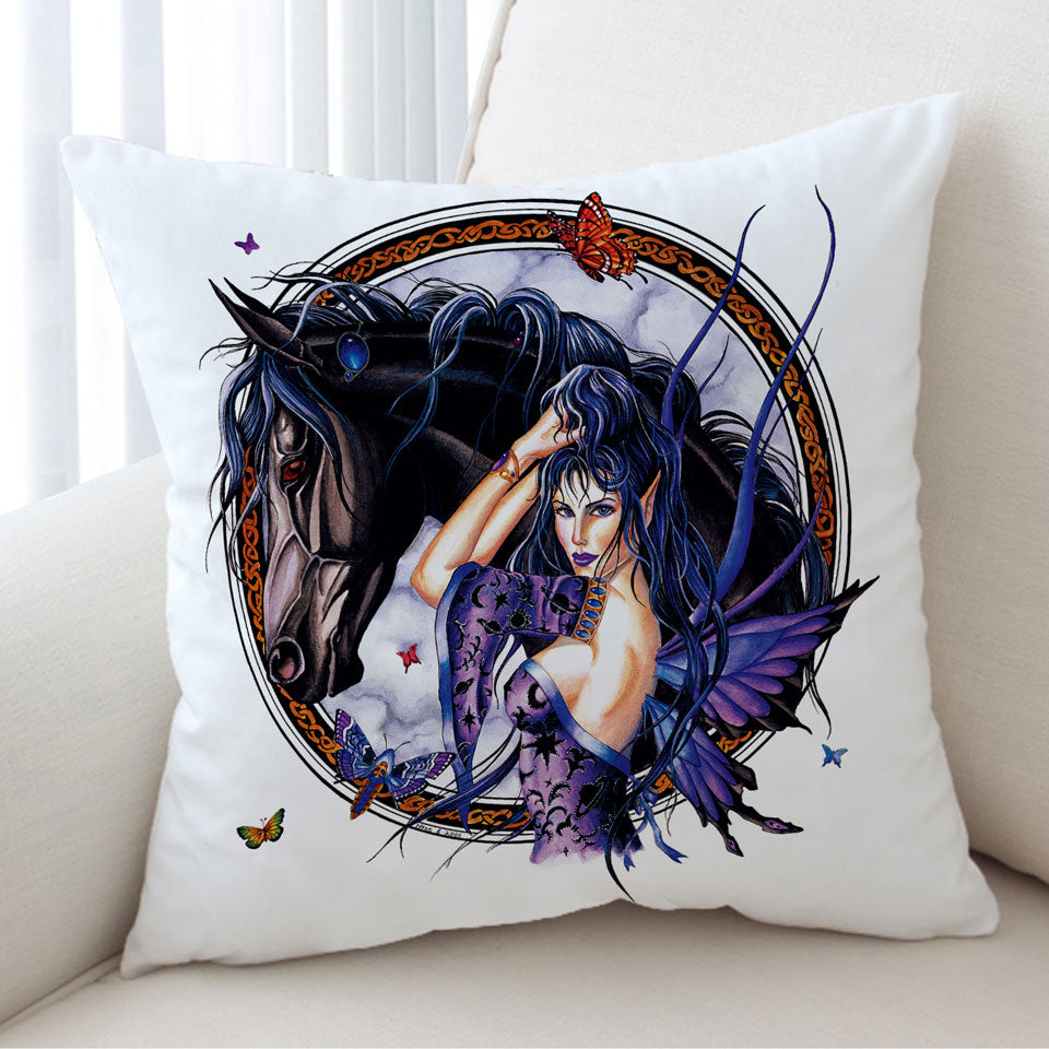 Fantasy Art Black Horse and Purple Fairy Cushion Covers