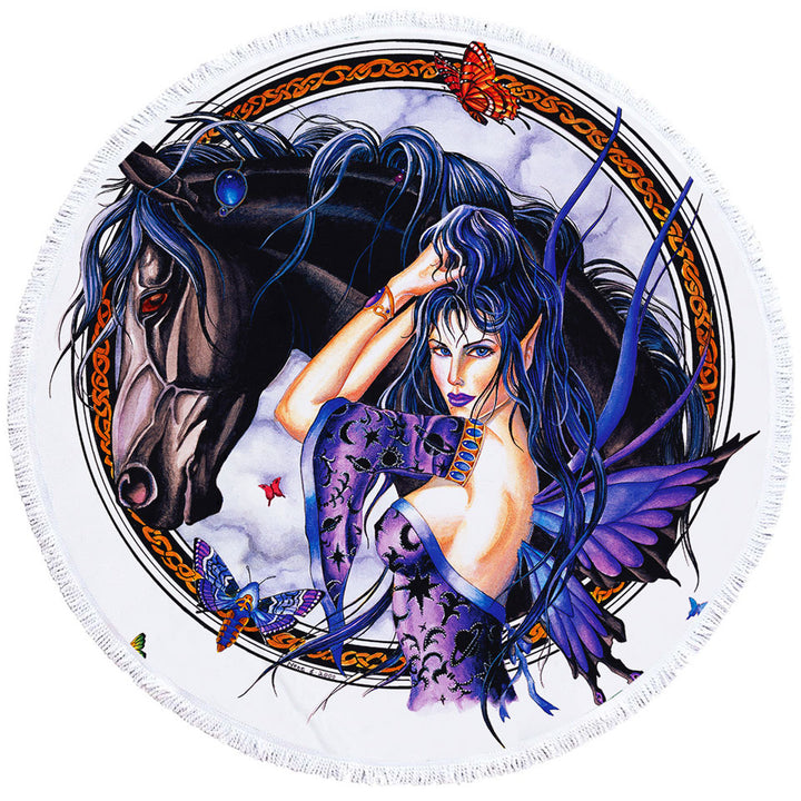 Fantasy Art Black Horse and Purple Fairy Round Beach Towel