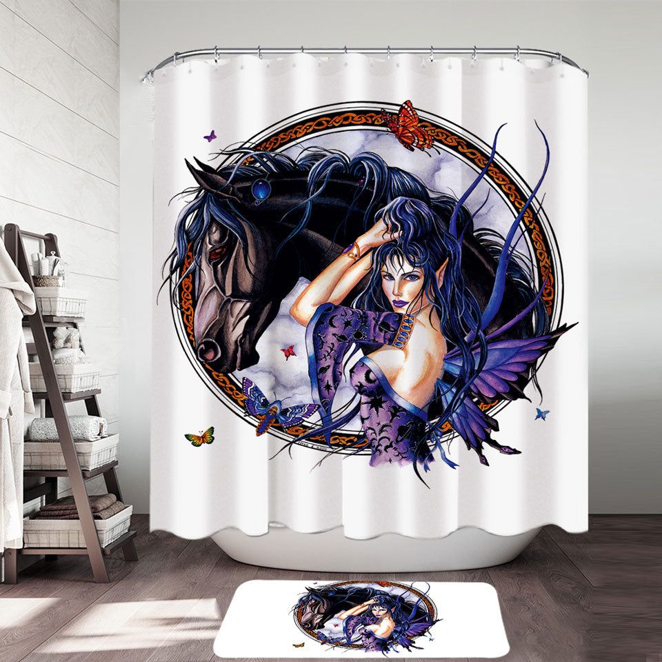Fantasy Art Black Horse and Purple Fairy Shower Curtain
