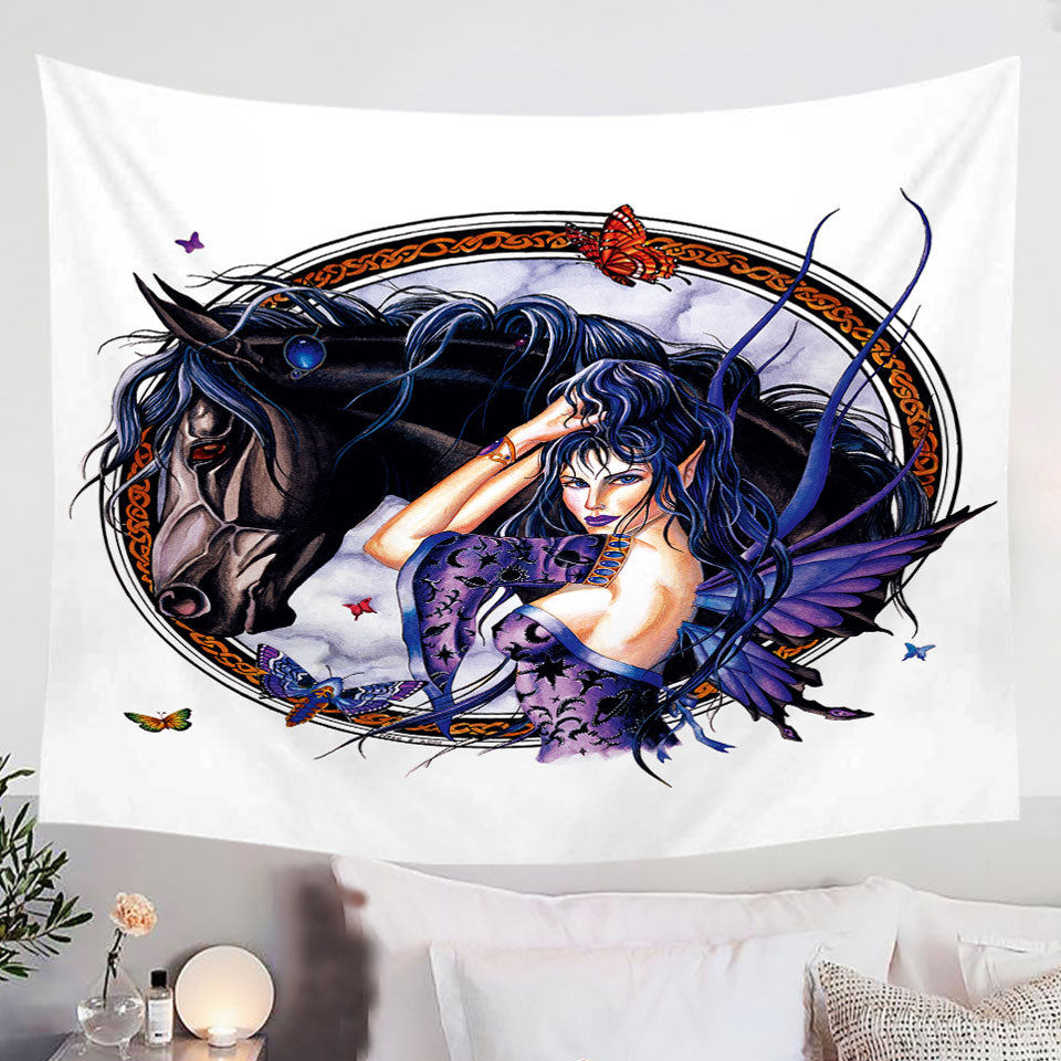 Fantasy-Art-Black-Horse-and-Purple-Fairy-Wall-Tapestry