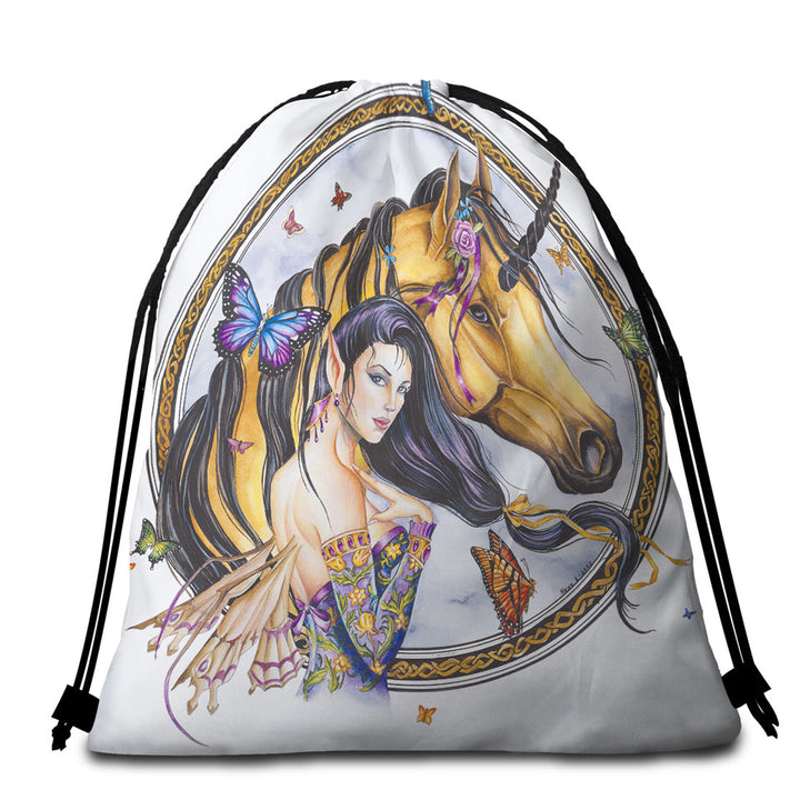 Fantasy Art Brown Unicorn and Fairy Princess Beach Bags and Towels for Women