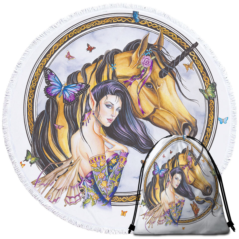 Fantasy Art Brown Unicorn and Fairy Princess Beach Towels