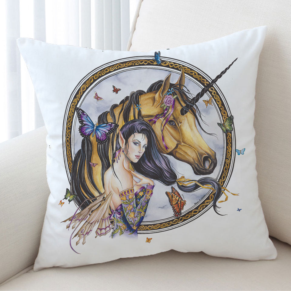 Fantasy Art Brown Unicorn and Fairy Princess Cushions