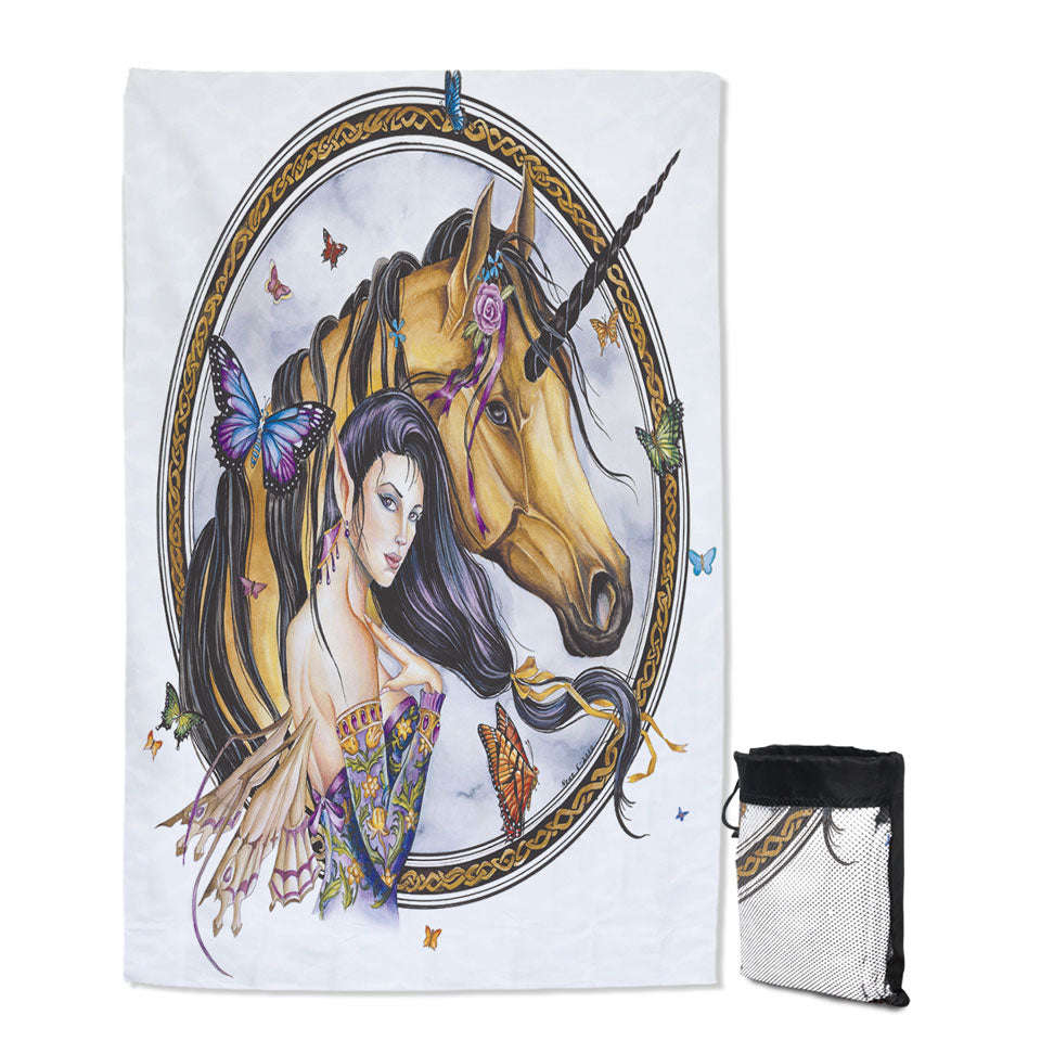 Fantasy Art Brown Unicorn and Fairy Princess Girls Beach Towels