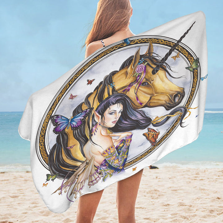 Fantasy Art Brown Unicorn and Fairy Princess Pool Towels for Girls
