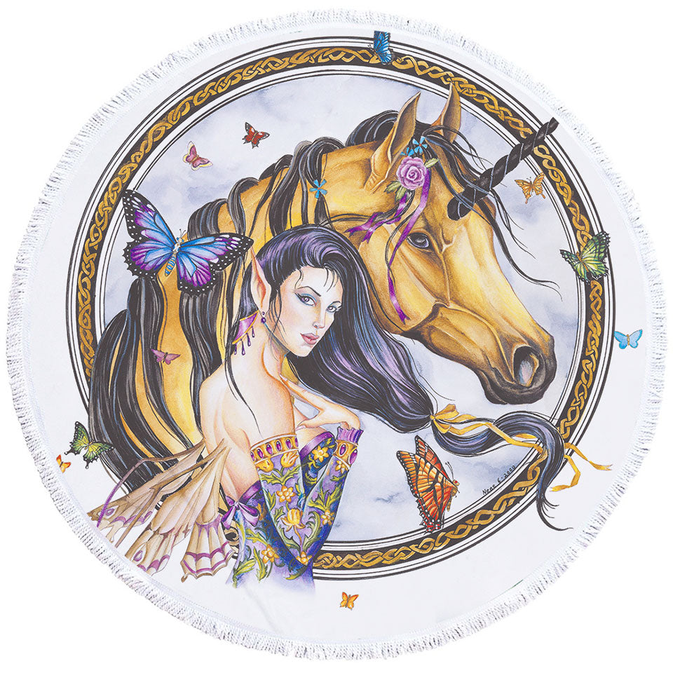 Fantasy Art Brown Unicorn and Fairy Princess Womens Beach Towel