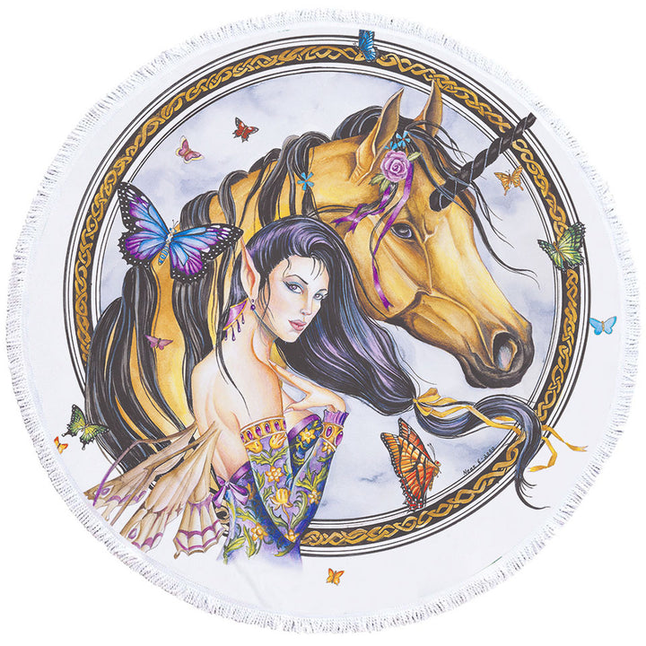 Fantasy Art Brown Unicorn and Fairy Princess Womens Beach Towel