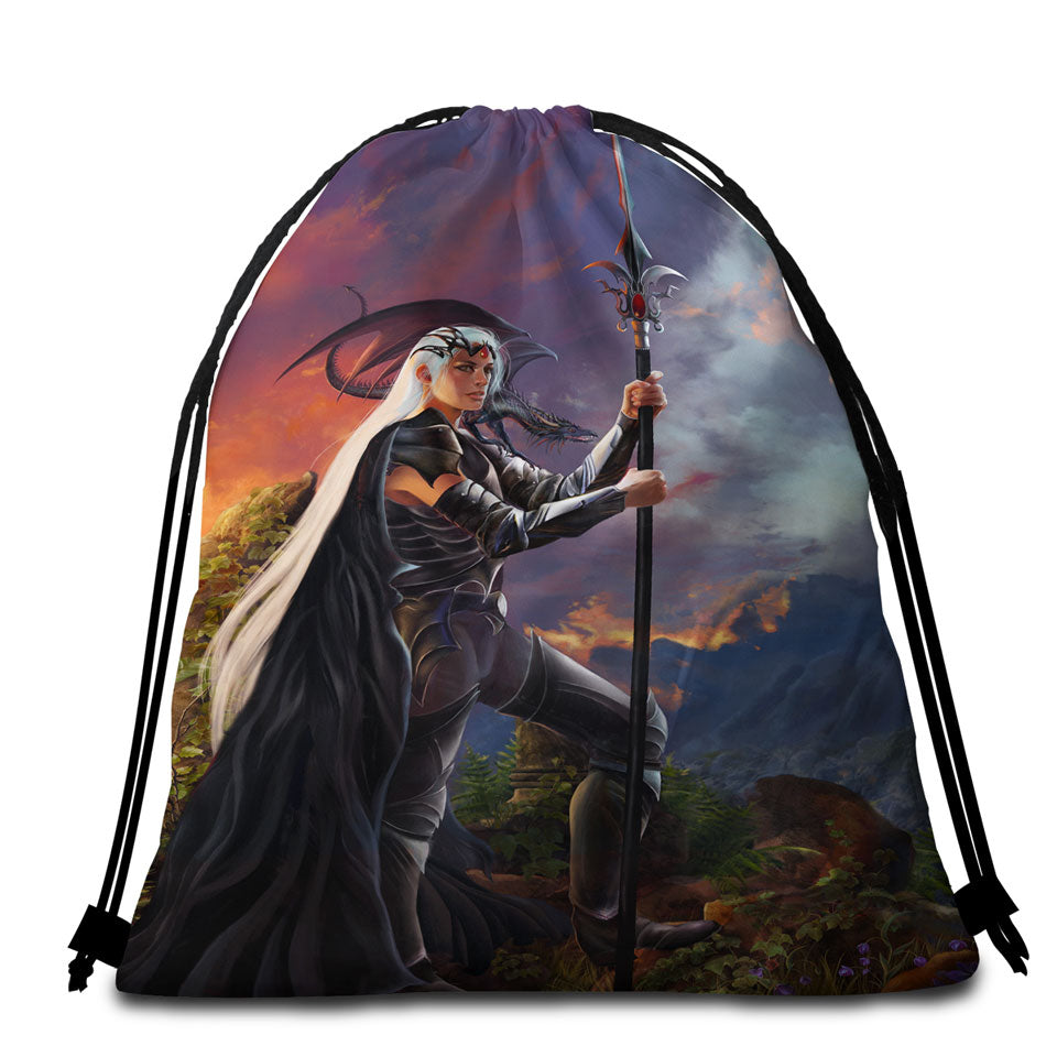 Fantasy Art Burning Valley and Dragon Girl Warrior Beach Bags and Towels
