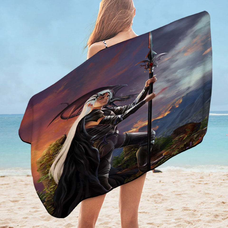 Fantasy Art Burning Valley and Dragon Girl Warrior Beach Towels