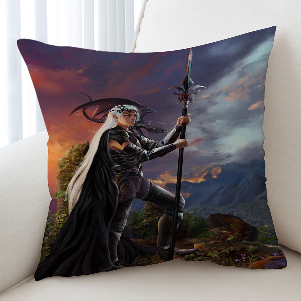Fantasy Art Burning Valley and Dragon Girl Warrior Cushion
